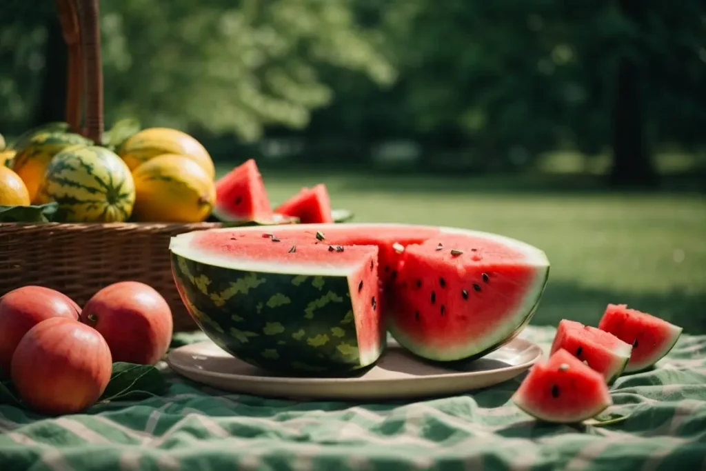 PhotoReal Watermelon in a picnic setting hyperrealistic 3 min Watermelon Images