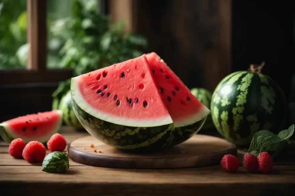 PhotoReal Watermelon on a wooden table hyperrealistic 0 min Watermelon Images