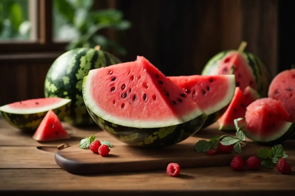 PhotoReal Watermelon on a wooden table hyperrealistic 1 min Watermelon Images