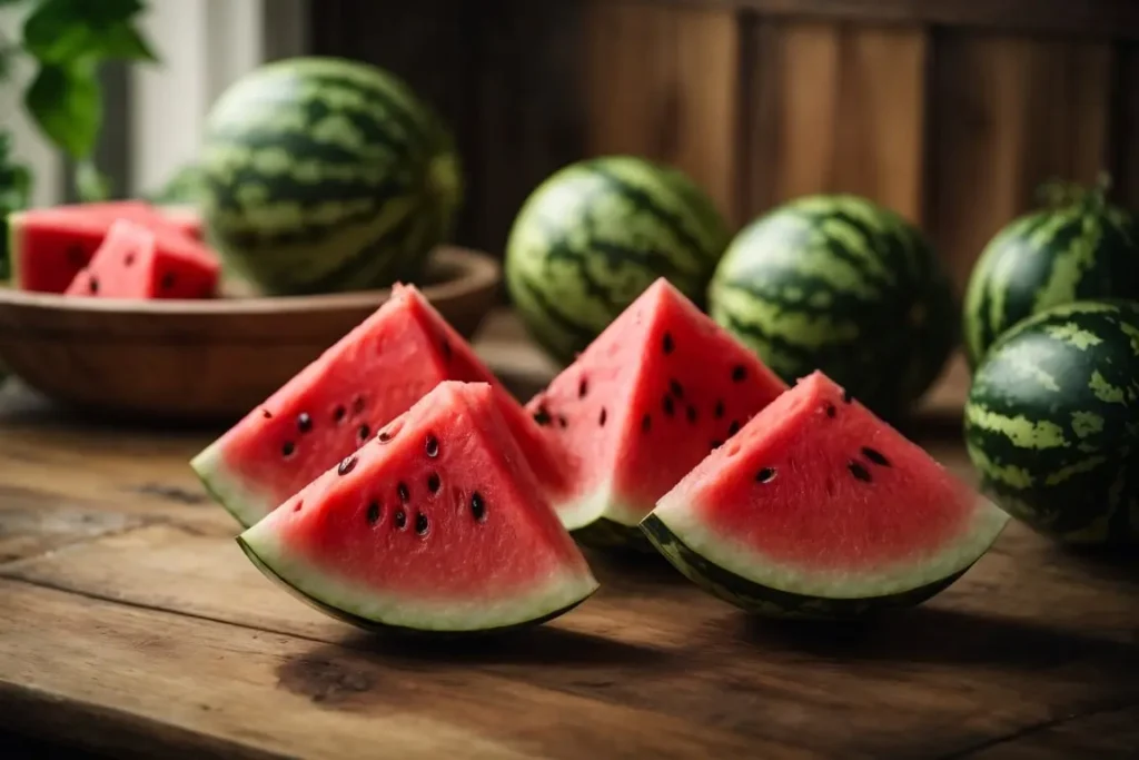 PhotoReal Watermelon on a wooden table hyperrealistic 2 min Watermelon Images