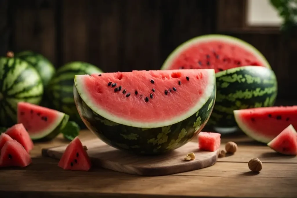 PhotoReal Watermelon on a wooden table hyperrealistic 3 min Watermelon Images